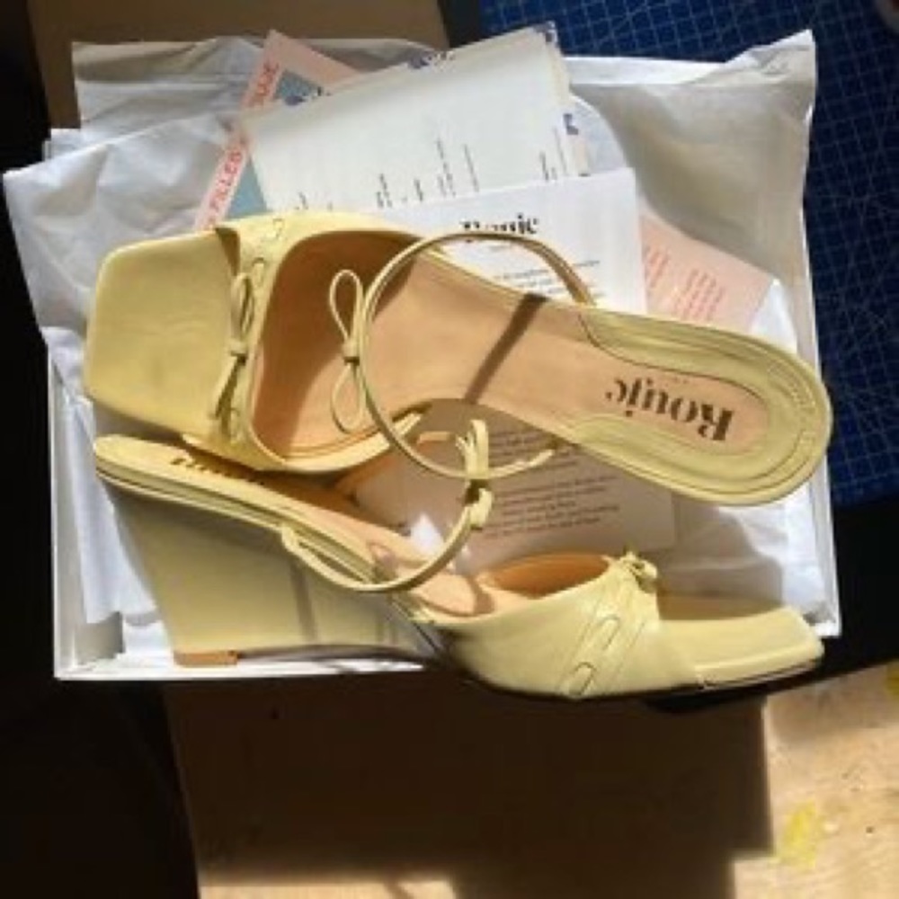 Rouje Yellow Eve Napa butter Leather summer mules heels sandals